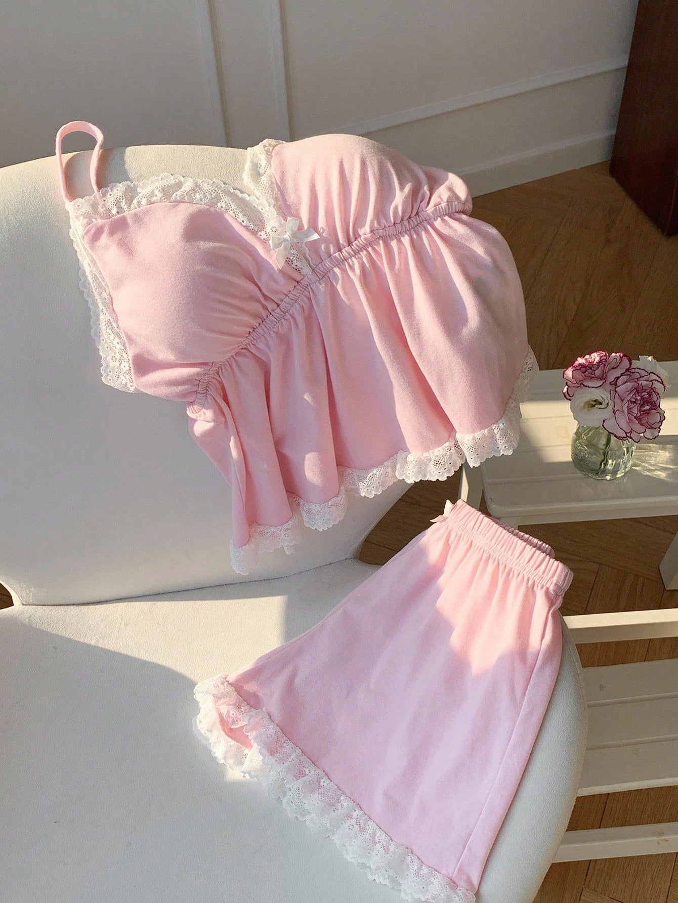 SHEIN Lingerie Comfortcana Knitted Camisole Padded Bra Lace Trim Shorts 2pcs Set