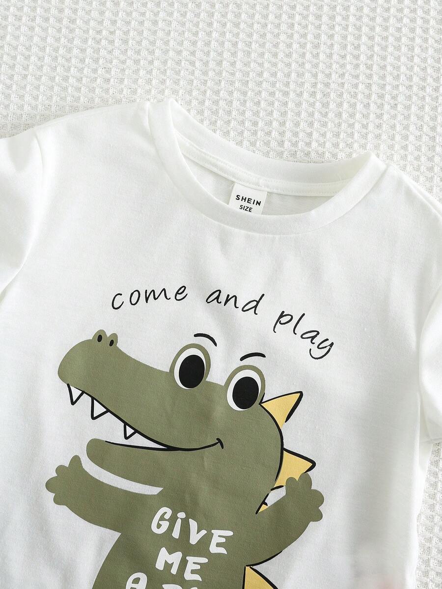 SHEIN Toddler Dinosaur Print Shirt and Beige Shorts Set