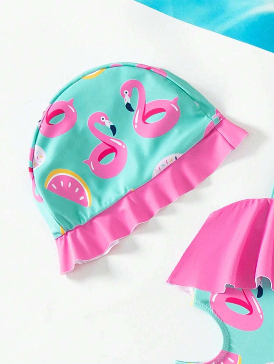 SHEIN Cartoon Print Cutout Swimsuit with Ruffles and Cap