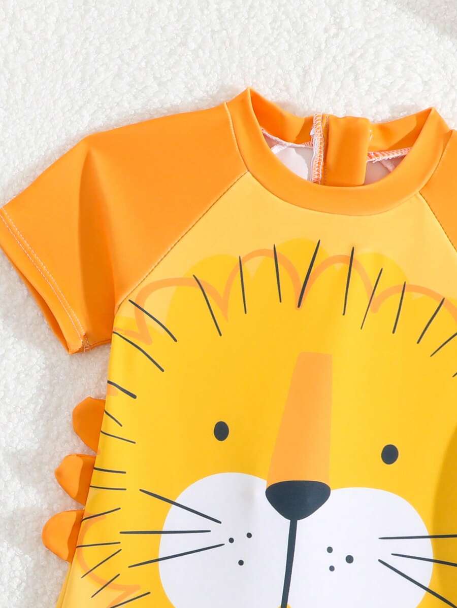 SHEIN Boys' Cartoon Tiger Print One-Piece Swimsuit with Zipper