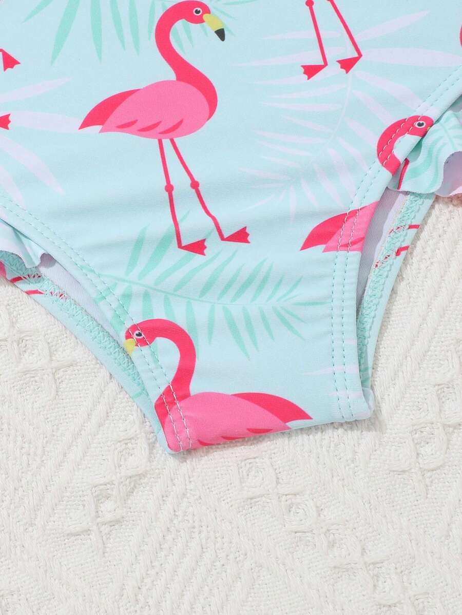 SHEIN Flamingo Print Ruffle Embroidered Beachwear Set with Headscarf