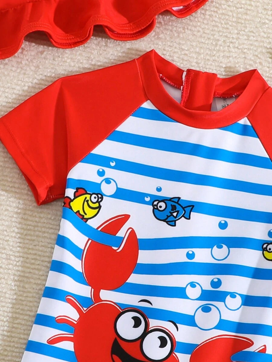 SHEIN Boys' Striped Cartoon Print One-Piece Swimsuit with Cap