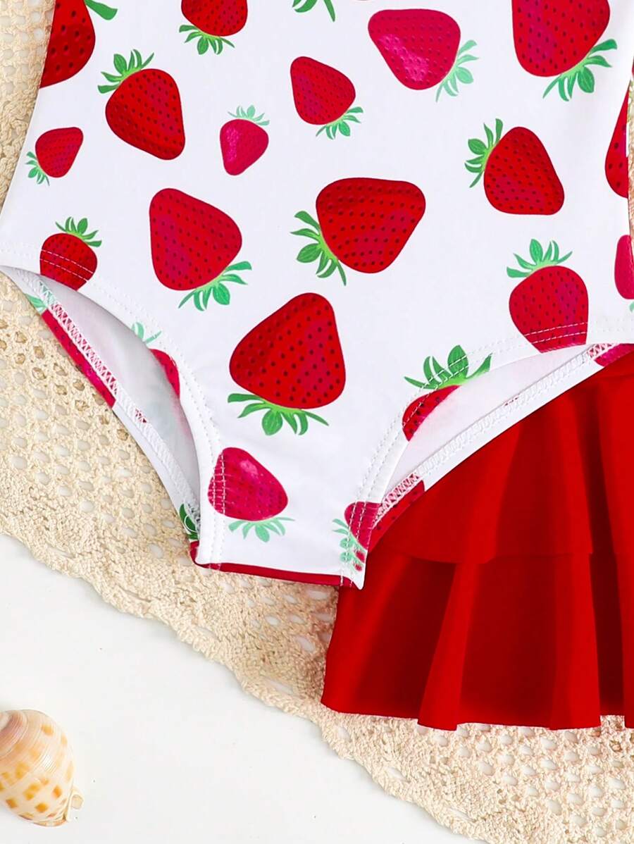 SHEIN One-piece swimsuit with skirt for girls, apple print