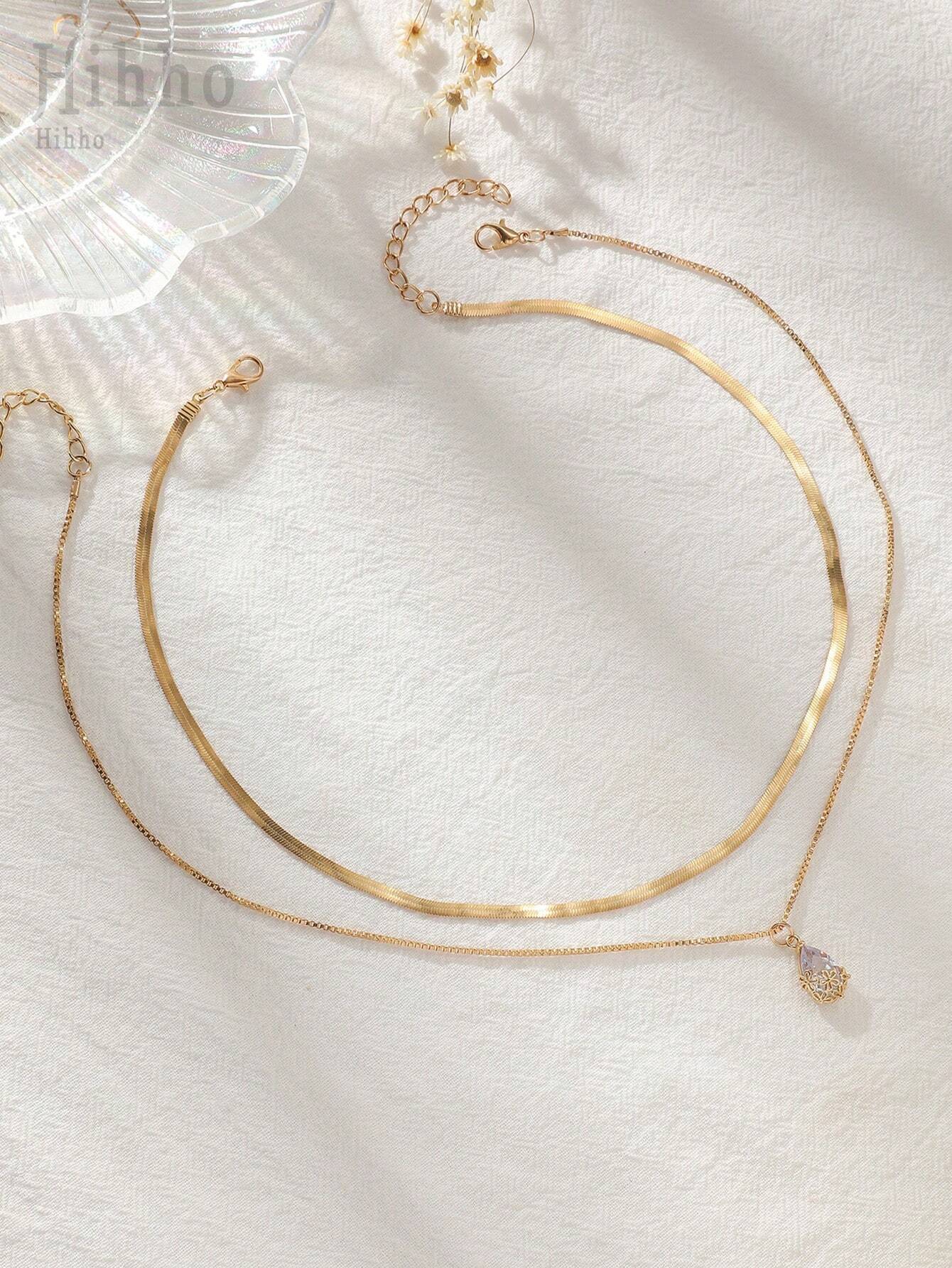SHEIN GOLD Double Layered Cubic Zirconia Waterdrop Necklace