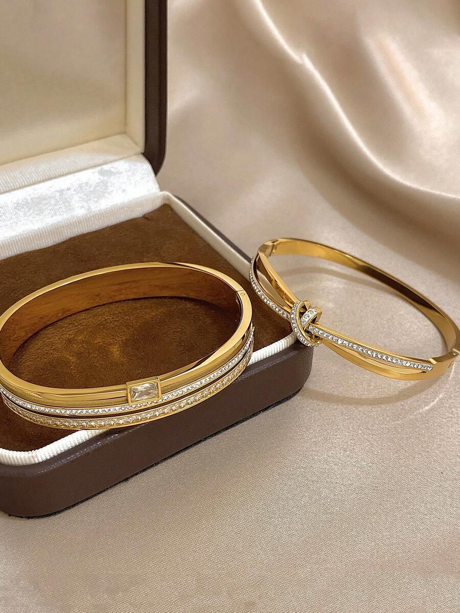 SHEIN Gold Plated Zirconia Bangle Bracelets Set
