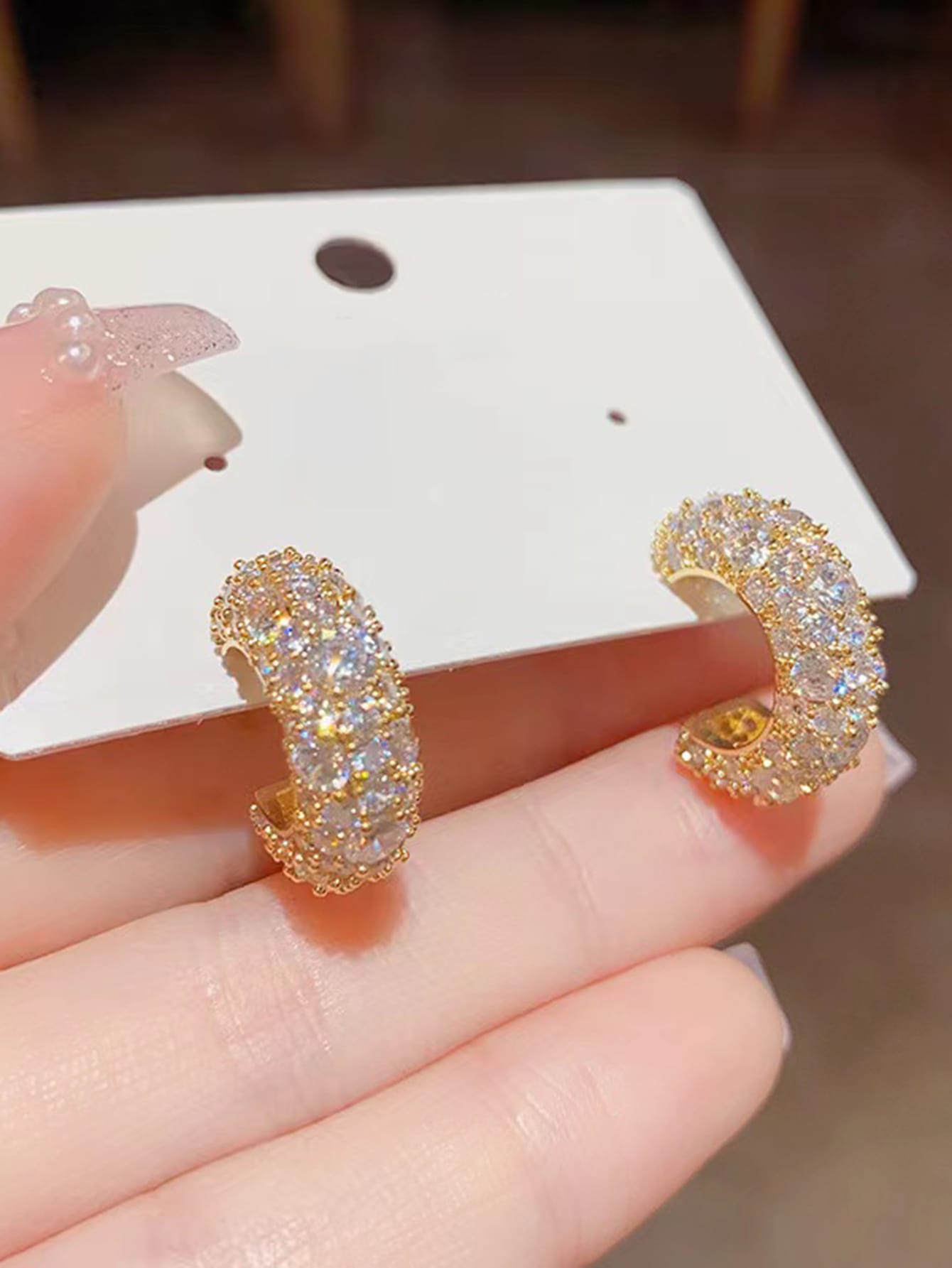 SHEIN GOLD Cubic Zirconia C-Shape Elegant Earrings Women