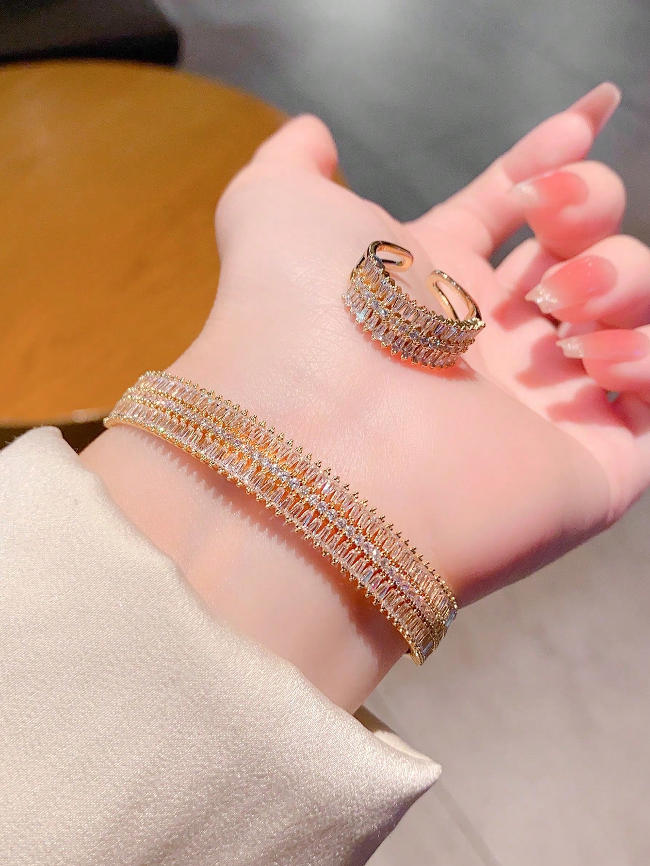 SHEIN Luxury Cubic Zirconia Star Ring Bracelet Set Silver