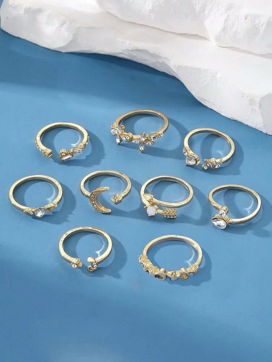 SHEIN 9pcs Water Drop Star Moon Diamond Ring Set