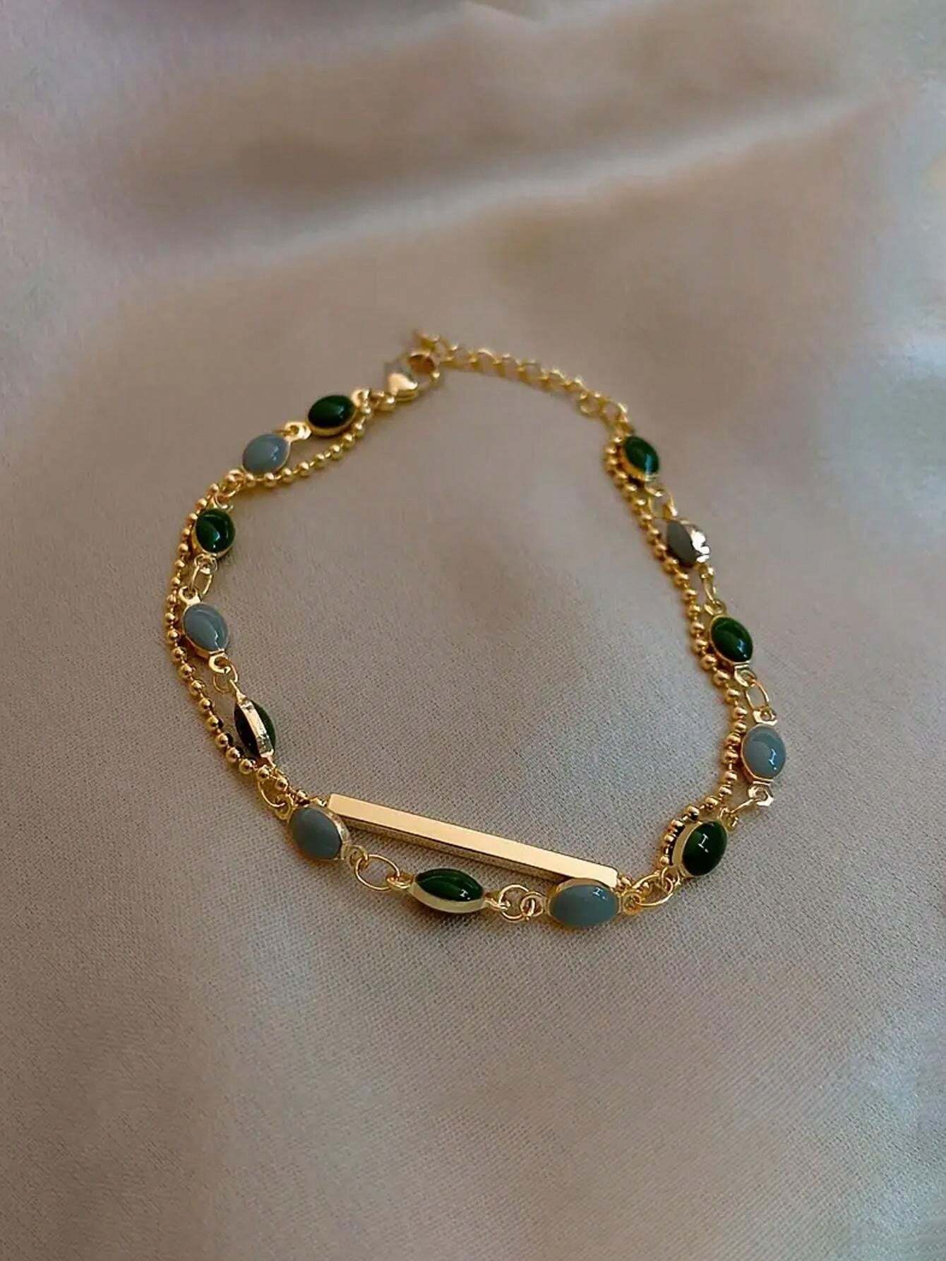 SHEIN Vintage Double-Layer Green Bracelet Elegant Jewelry Women