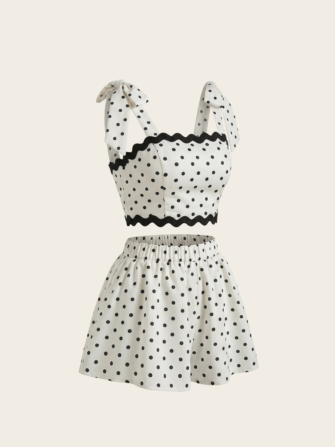 SHEIN Women's Gloray Polka Dot Ruffle Hem Bowknot Crop Top Culottes 2pcs Set