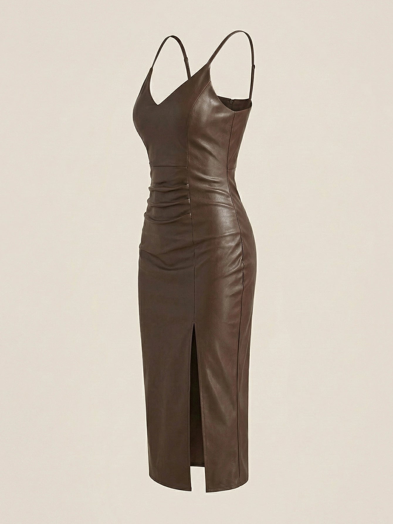 SHEIN Dress Dazy Elegant Solid PU Pleated Spaghetti Strap Midi, Brown – elleganza
