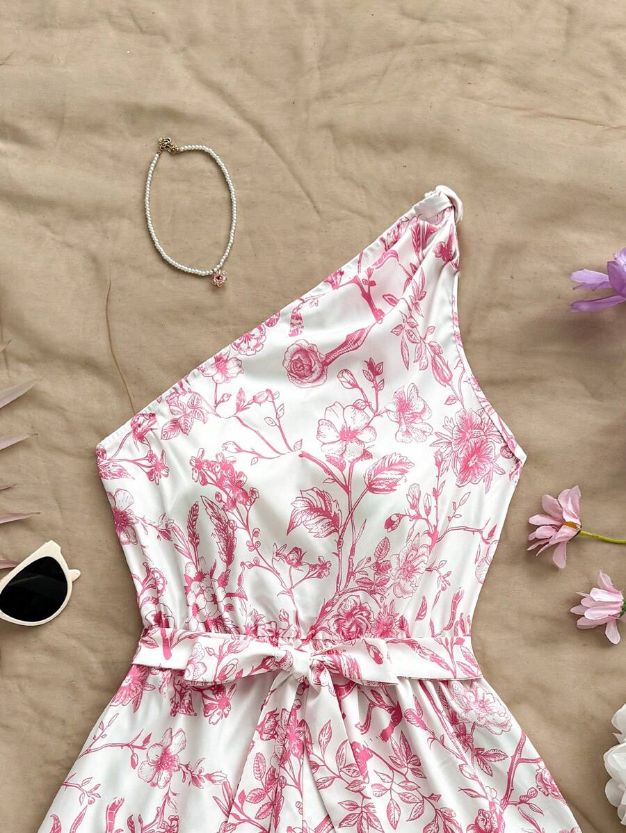 Soleia Women's One Shoulder Floral Print Jumpsuit with Tight Waist