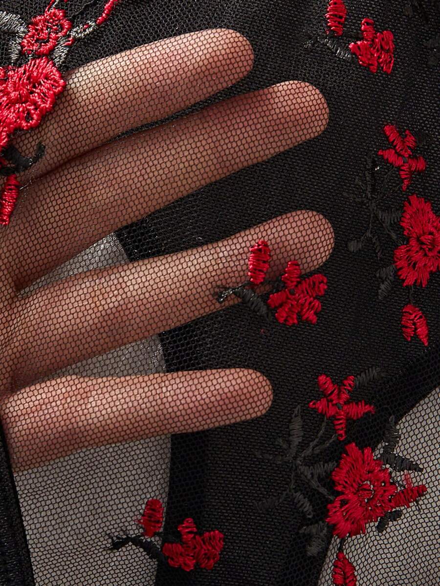 SHEIN New Spring/Summer Lingerie Set, Floral Tulle Bodysuit