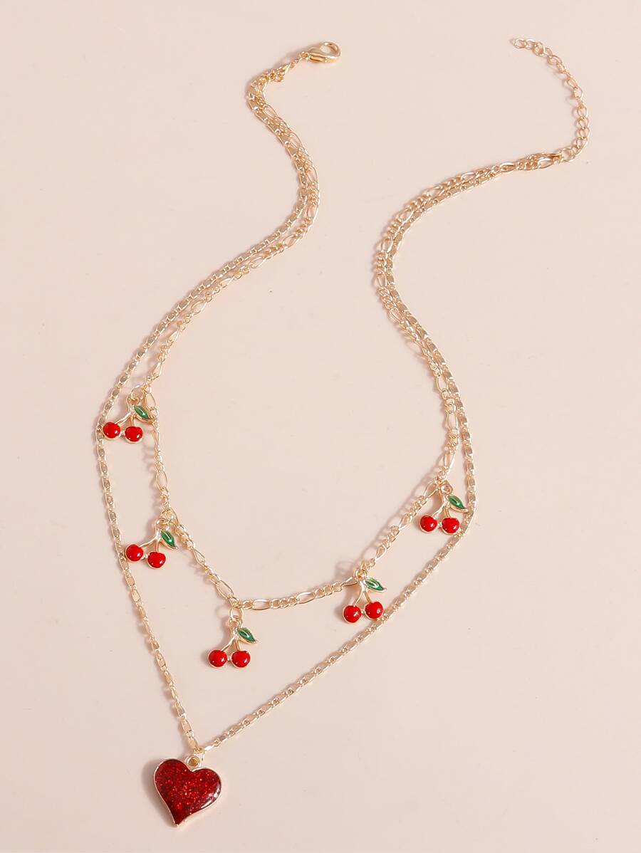GOLD multi-layered necklace adorned with cherry and heart pendants
