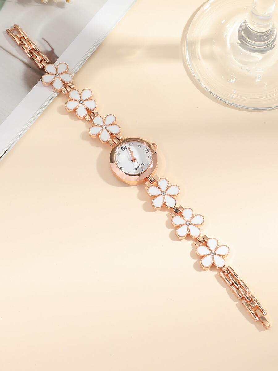 Quartz watch with a round pointer decorated with flowers, a gift for students returning to school