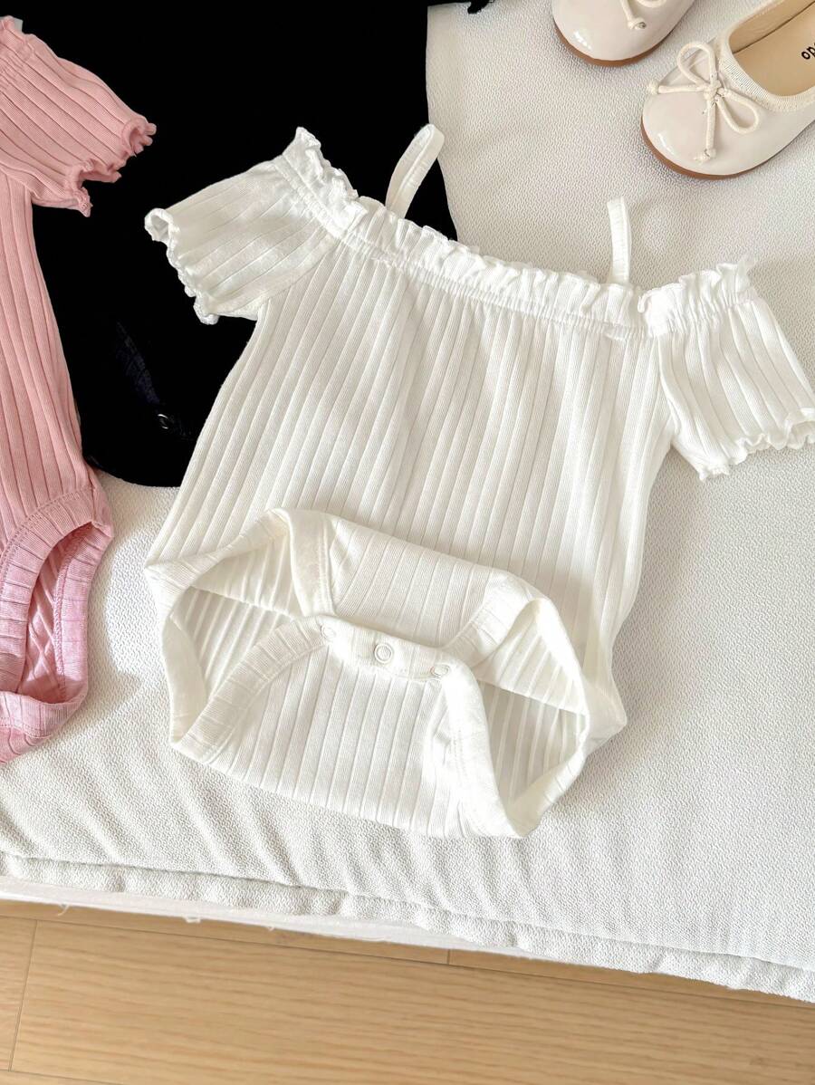 SHEIN LMoss 3pcs Newborn Baby Girls Off-Shoulder Short Sleeve Bodysuit Set