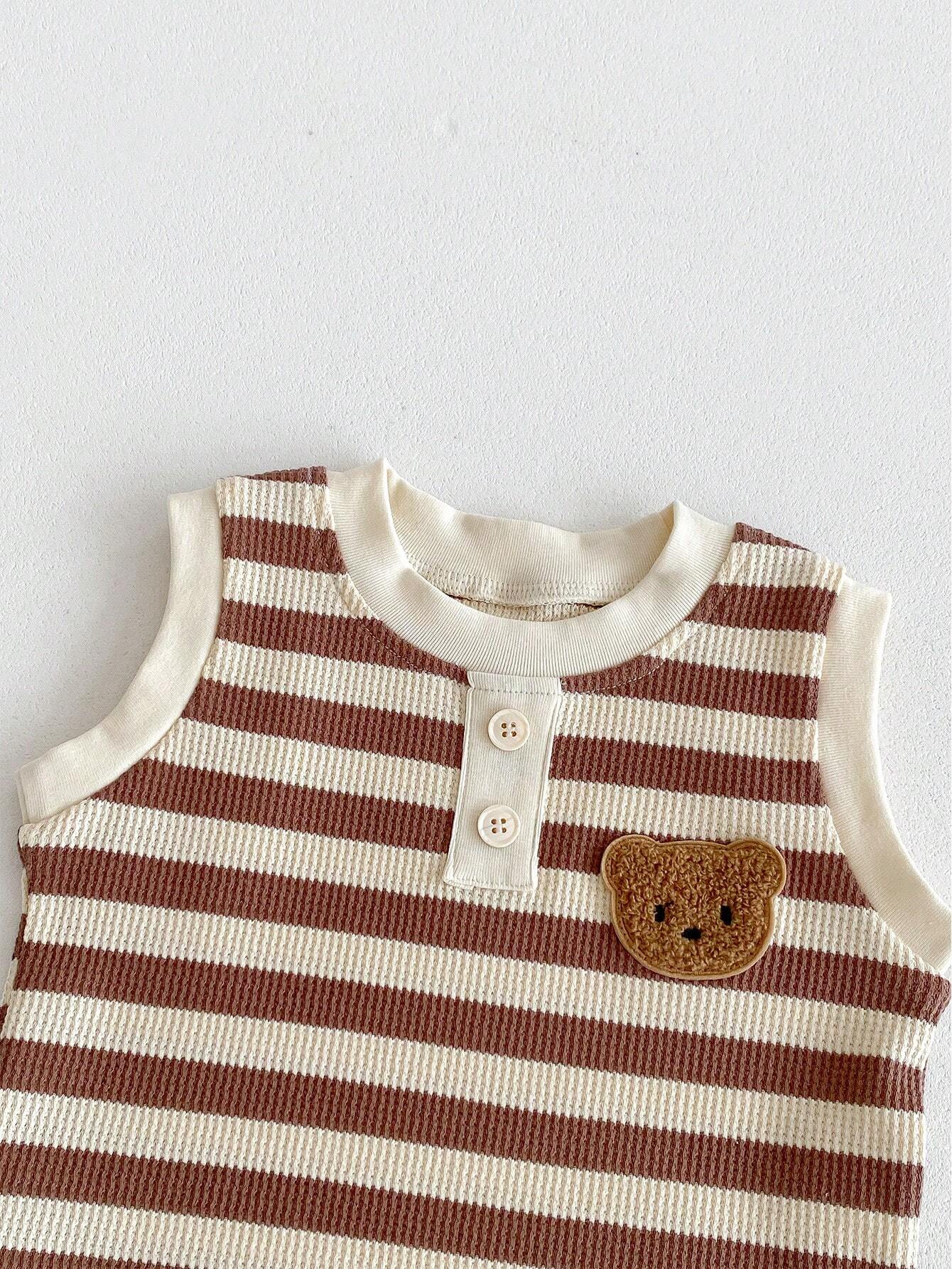 SHEIN Baby Boy Back-to-School Striped Bear Sleeveless Top and Pants Set