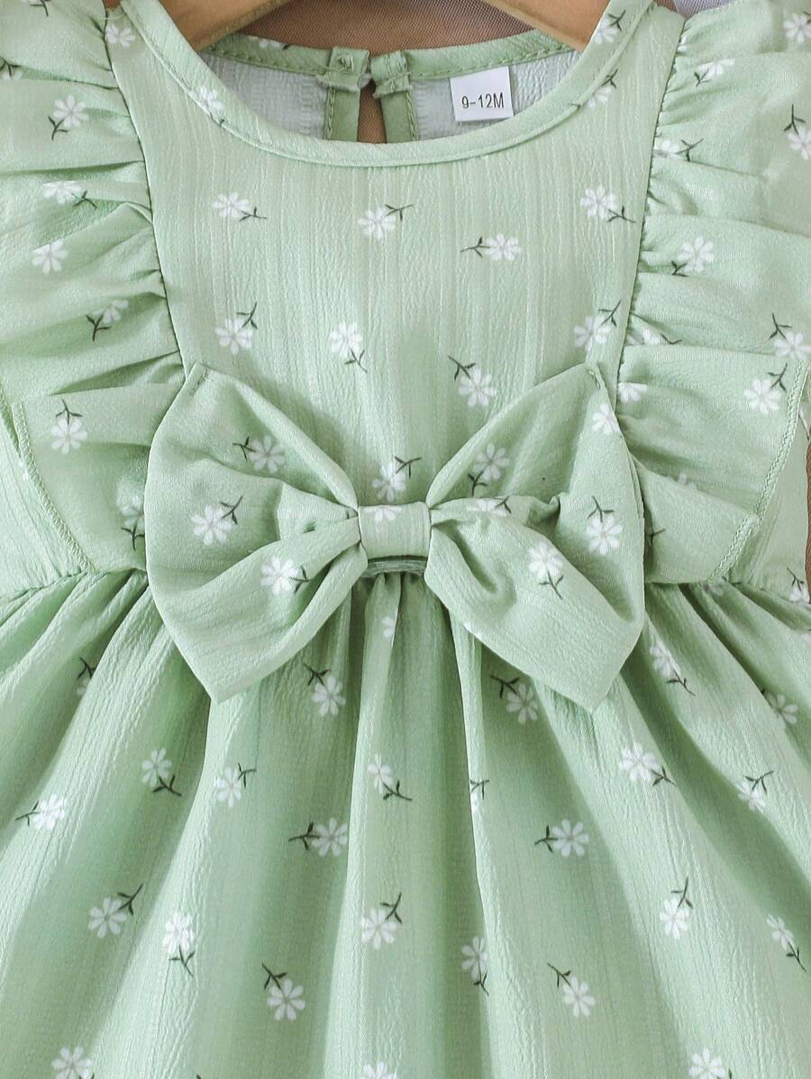 SHEIN Baby Girl Daisy Sleeveless Bow Dress Outing Set