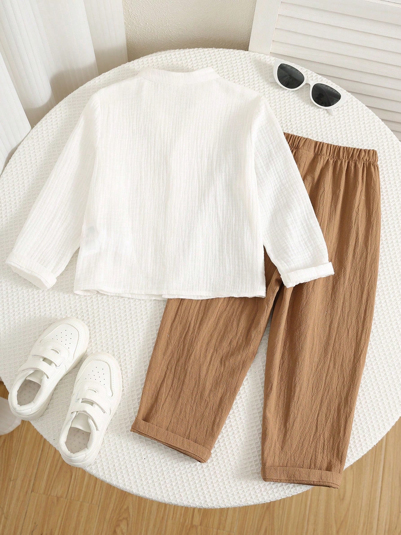 SHEIN Boys Stand Collar Shirt And Trousers 2-Piece Set