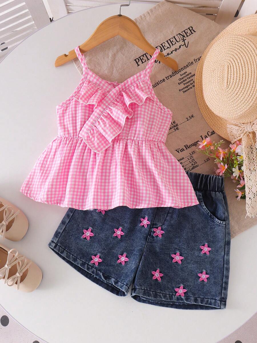 SHEIN Cute Girls Summer Set Striped Top and Denim Shorts