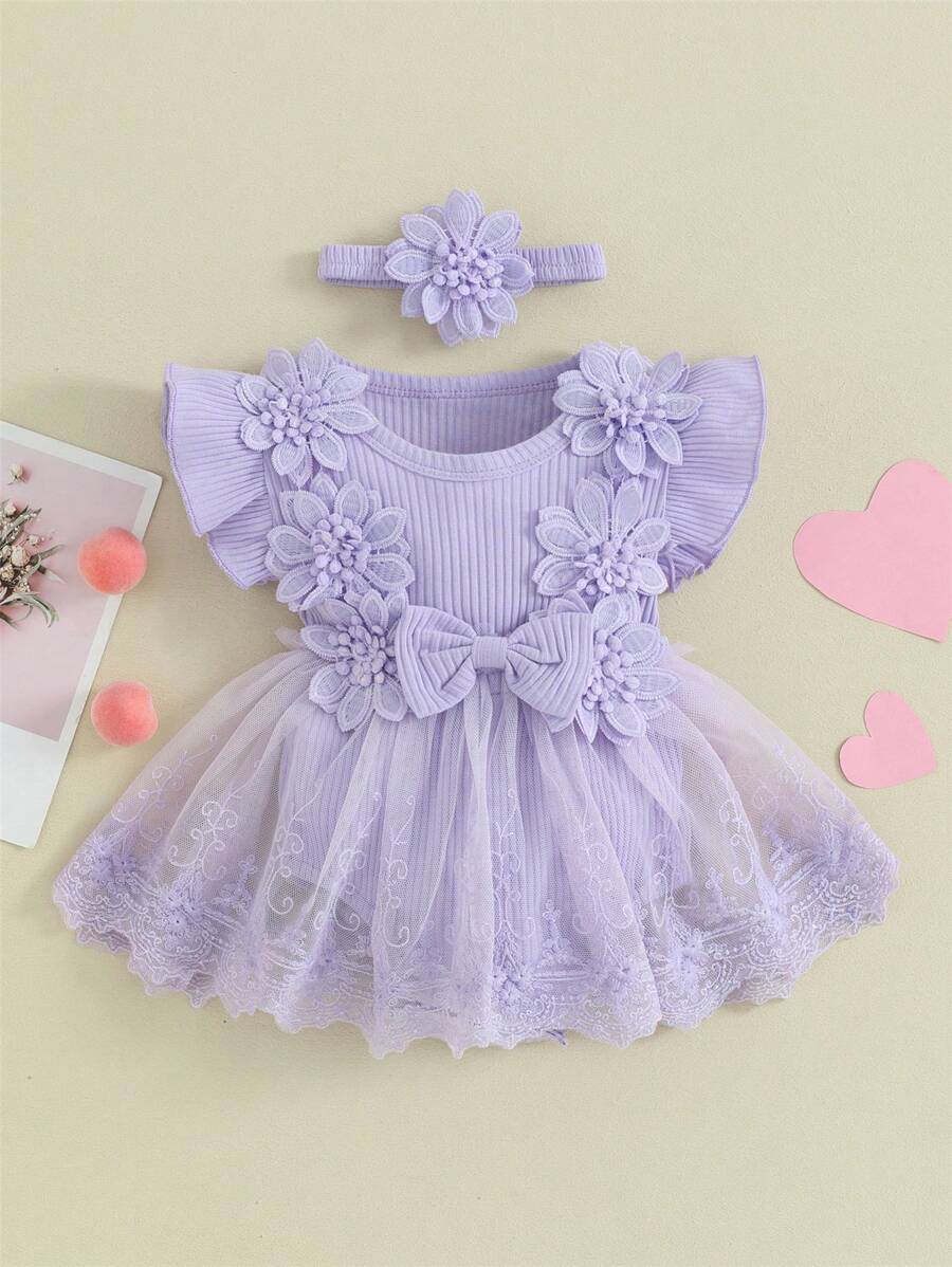 SHEIN Newborn Baby Girl Lace Mesh Tutu Pink Set