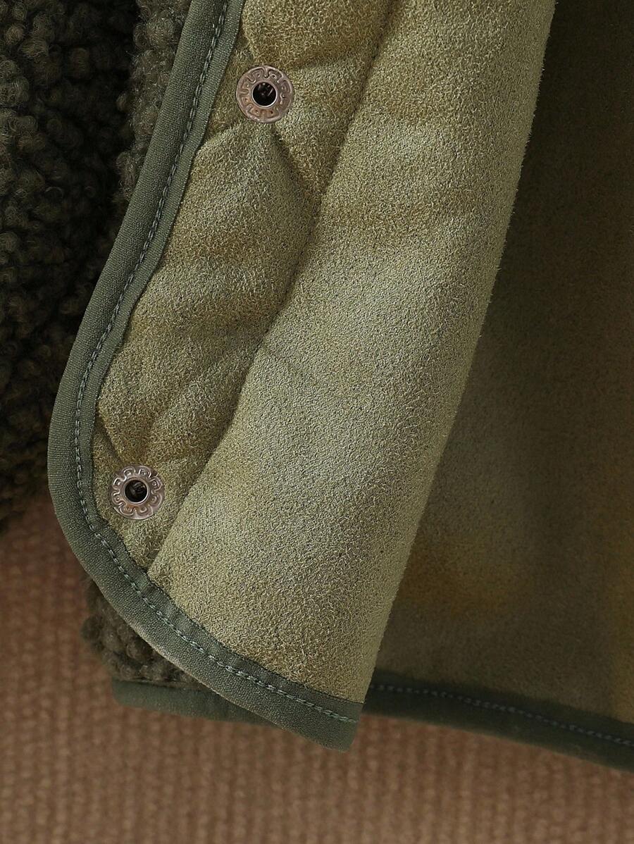 SHEIN Fleece Jacket, Thick Cotton Outerwear for Infants, Olive Green Coat
