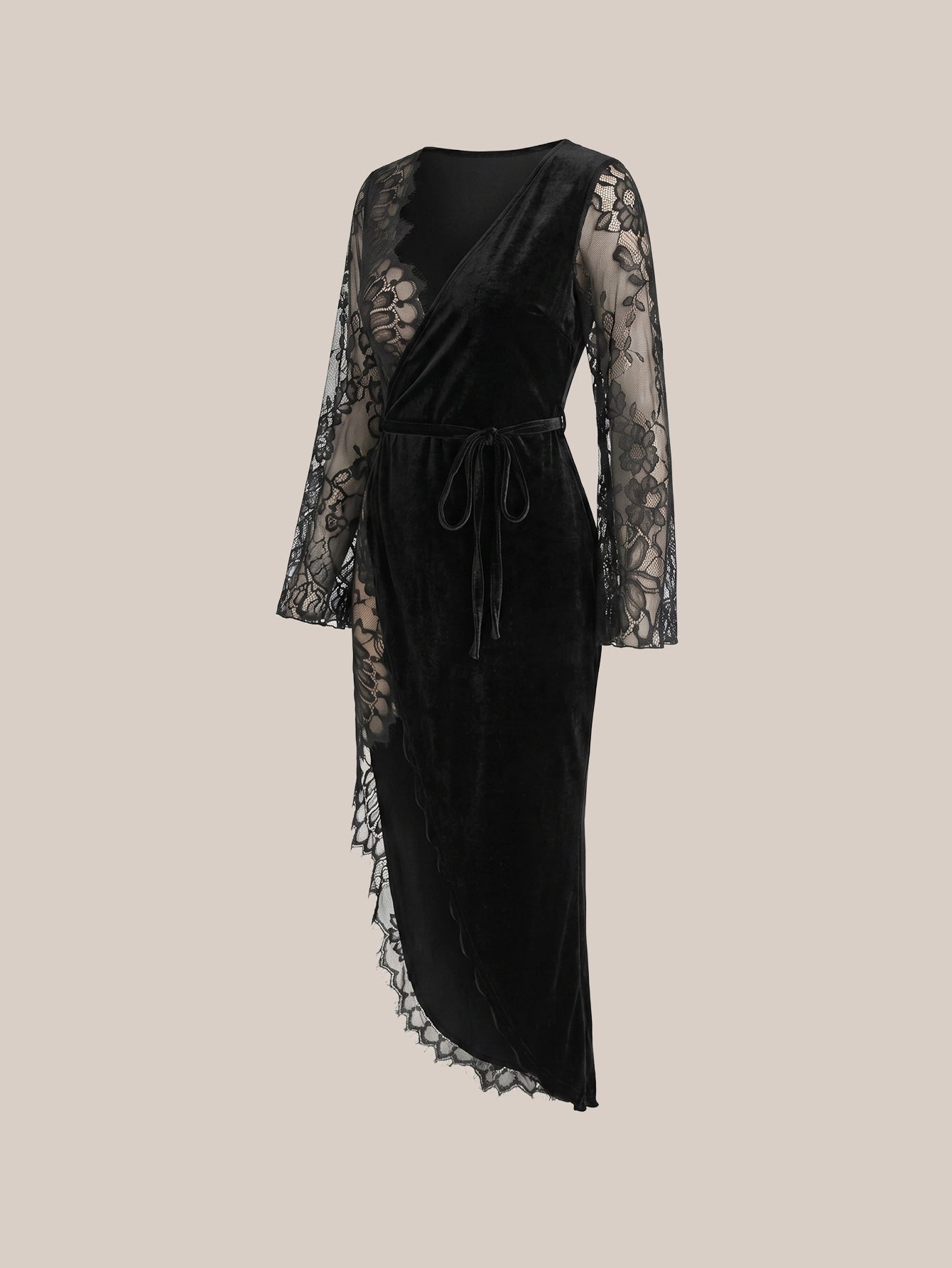 SHEIN Lingerie Elegant Black French Lace Mesh Robe Nightgown Set Black