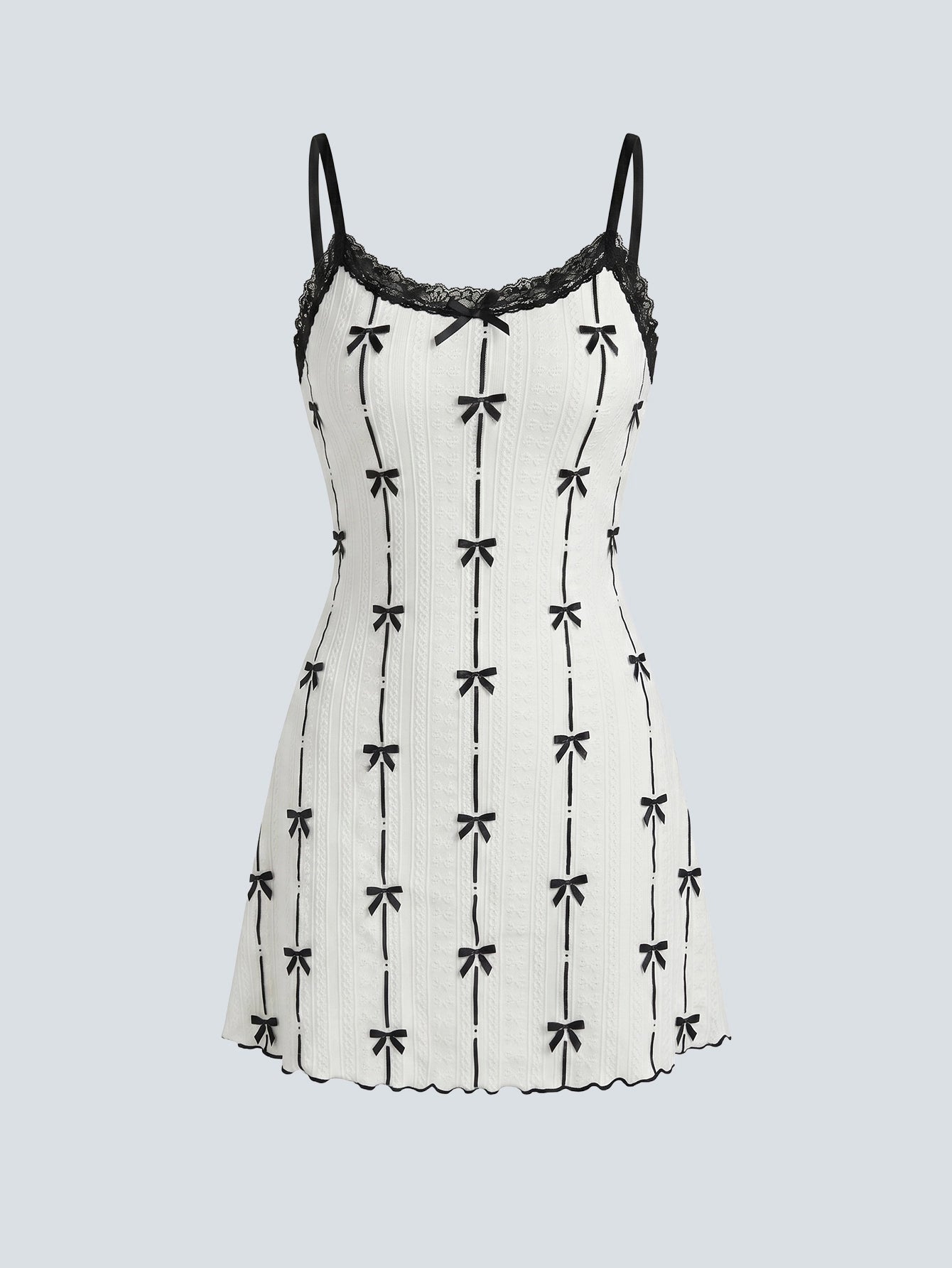 SHEIN White Lingerie CottageSlumber Bow Print Lace Trim Jacquard Camisole Nightgown