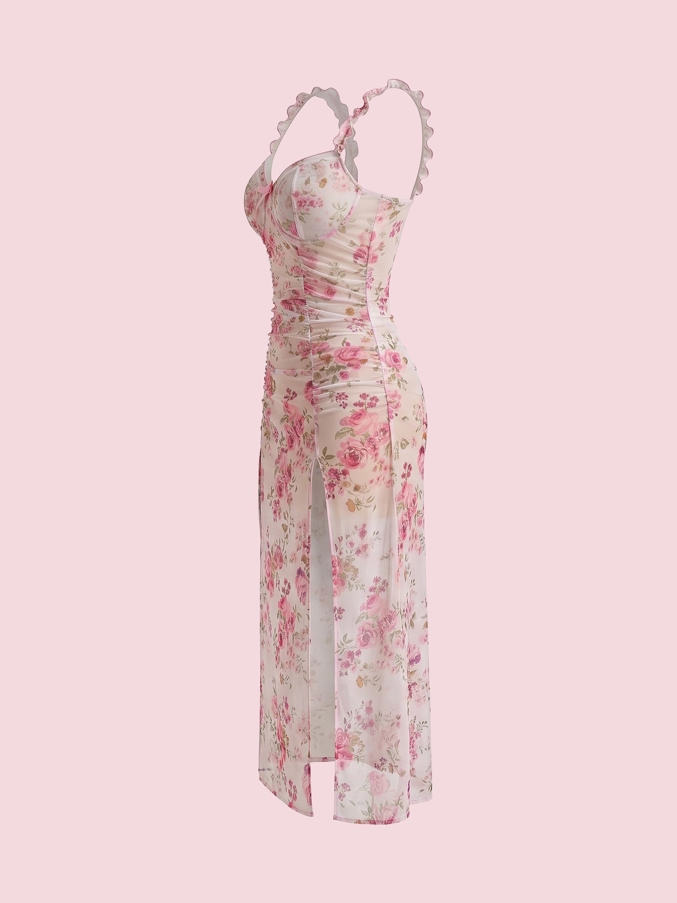 SHEIN Lingerie Bow Floral Print Spaghetti Strap Slit Nightgown Babydoll