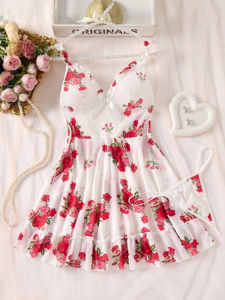 SHEIN Lingerie Floral Ruffle Two Piece Sleepwear Lingerie Set Women