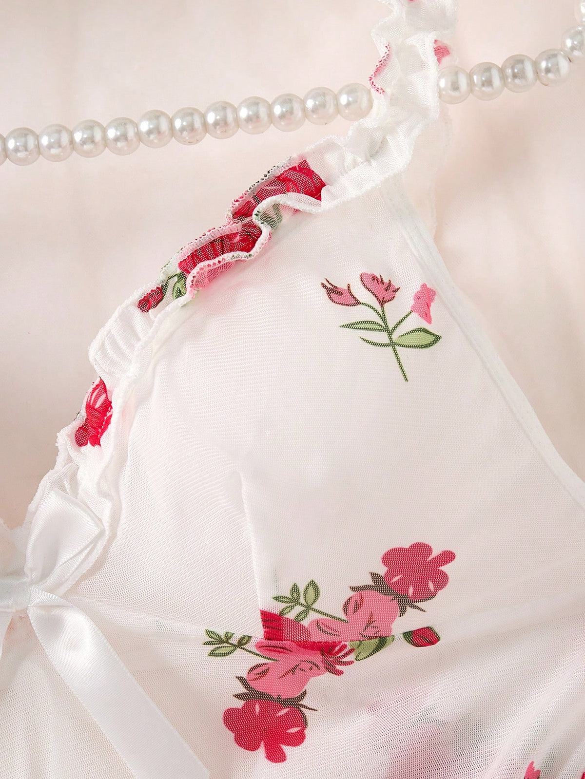 SHEIN Lingerie Floral Ruffle Two Piece Sleepwear Lingerie Set Women
