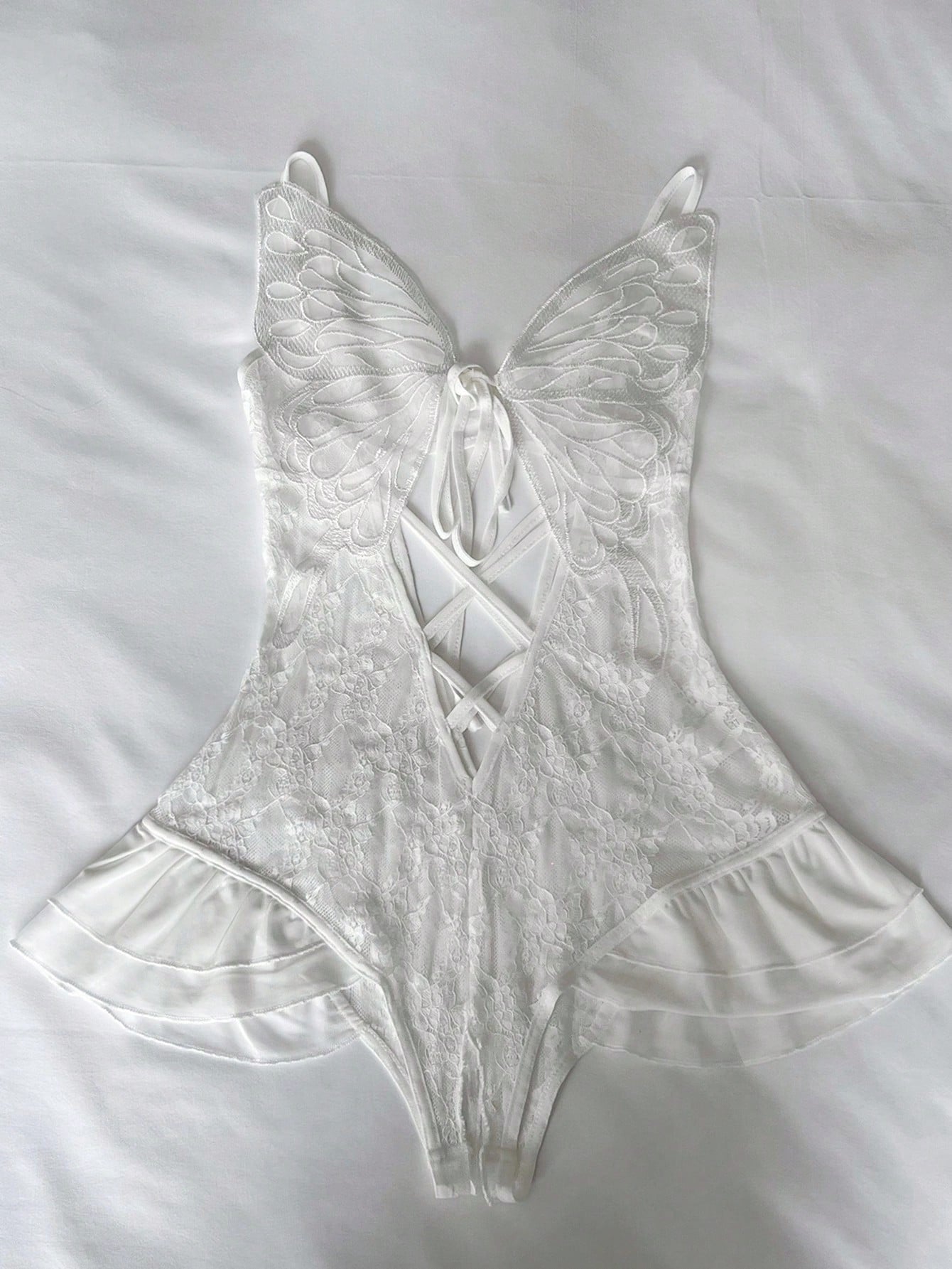 SHEIN Lingerie DAZY Sheer Butterfly Lace Embroidery Patchwork Bodysuit