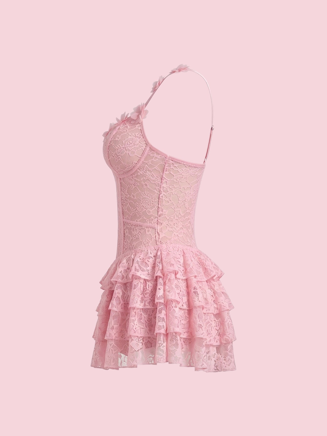 SHEIN Lingerie SHEIN Cute Pink Floral Lace Trim Fishtail Waist Cinching Nightgown