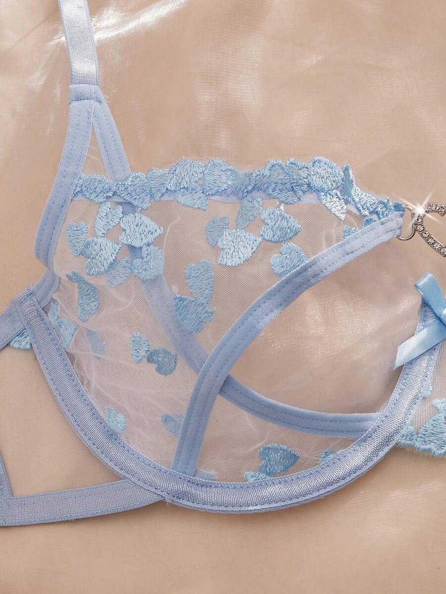 SHEIN Lingerie Crystal Vow 2pcs Floral Embroidery Mesh Underwire Bra Set