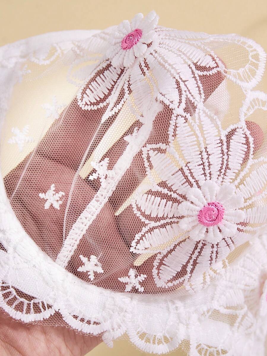 SHEIN Lingerie 3 Sets 6pcs Floral Embroidered Mesh Pajama Lingerie Set Daisy Homewear Set