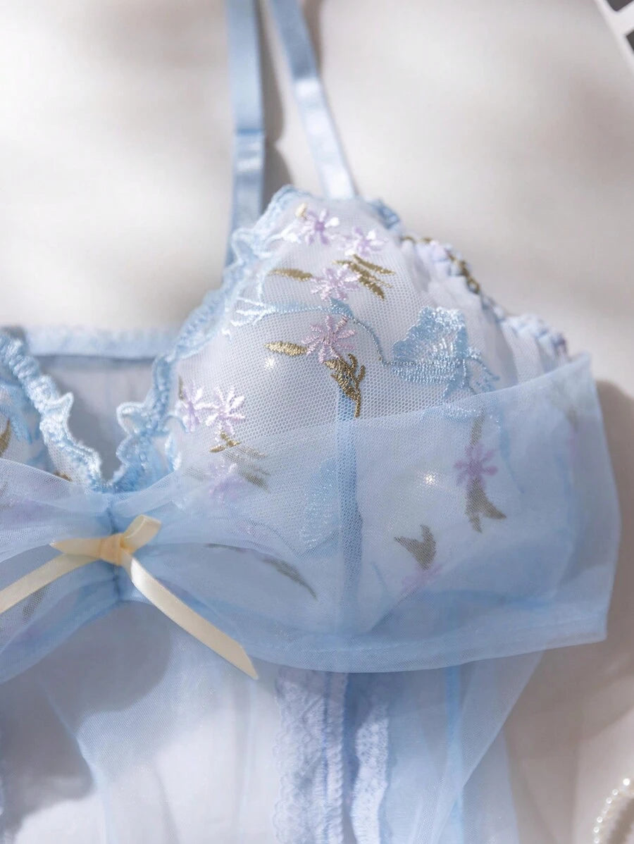 SHEIN Lingerie Snug Zone 2pcs Sheer Embroidered Camisole Nightgown Thong Set