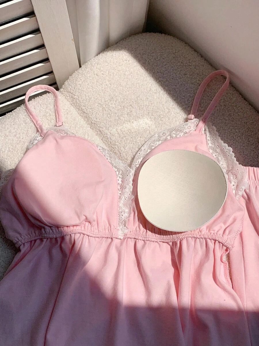 SHEIN Lingerie Comfortcana Knitted Camisole Padded Bra Lace Trim Shorts 2pcs Set