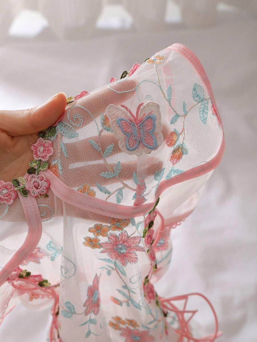 SHEIN ELORETTE Sheer Floral Embroidered Nightgown Silk Tie Design