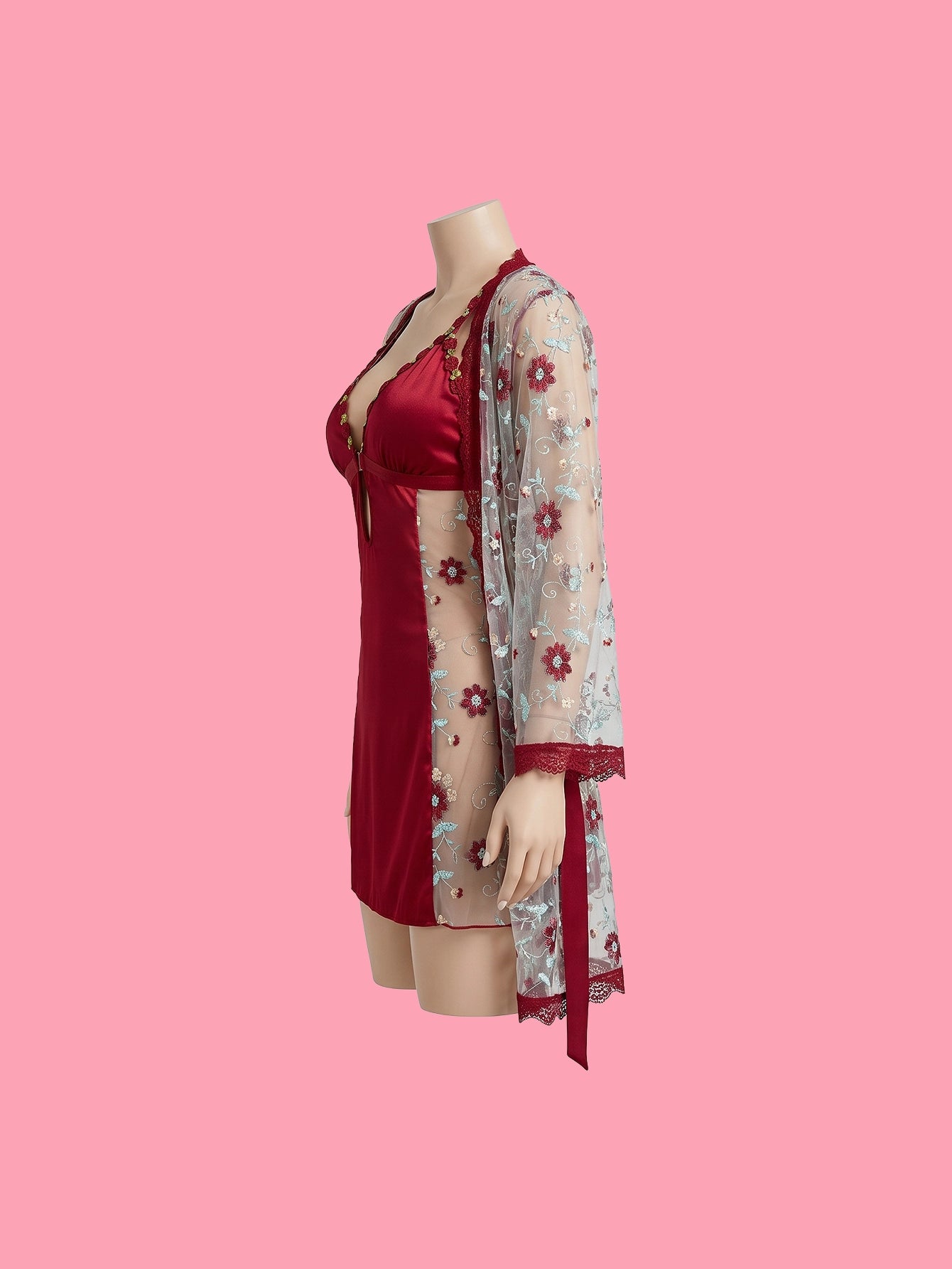 SHEIN Pink Lingerie SilkySpell 2pcs Floral Embroidery Sleep Dress Lace Robe Set