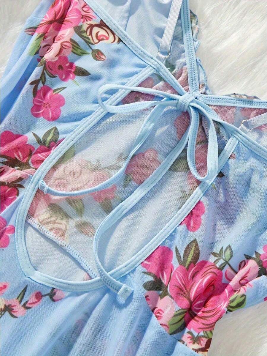 SHEIN Lingerie Floral Ruffle Two Piece Sleepwear Lingerie Set Women