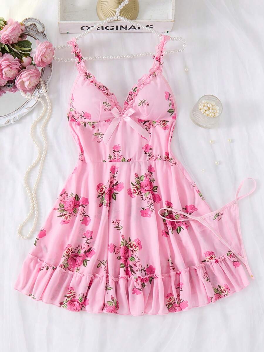 SHEIN Lingerie Floral Ruffle Two Piece Sleepwear Lingerie Set Women