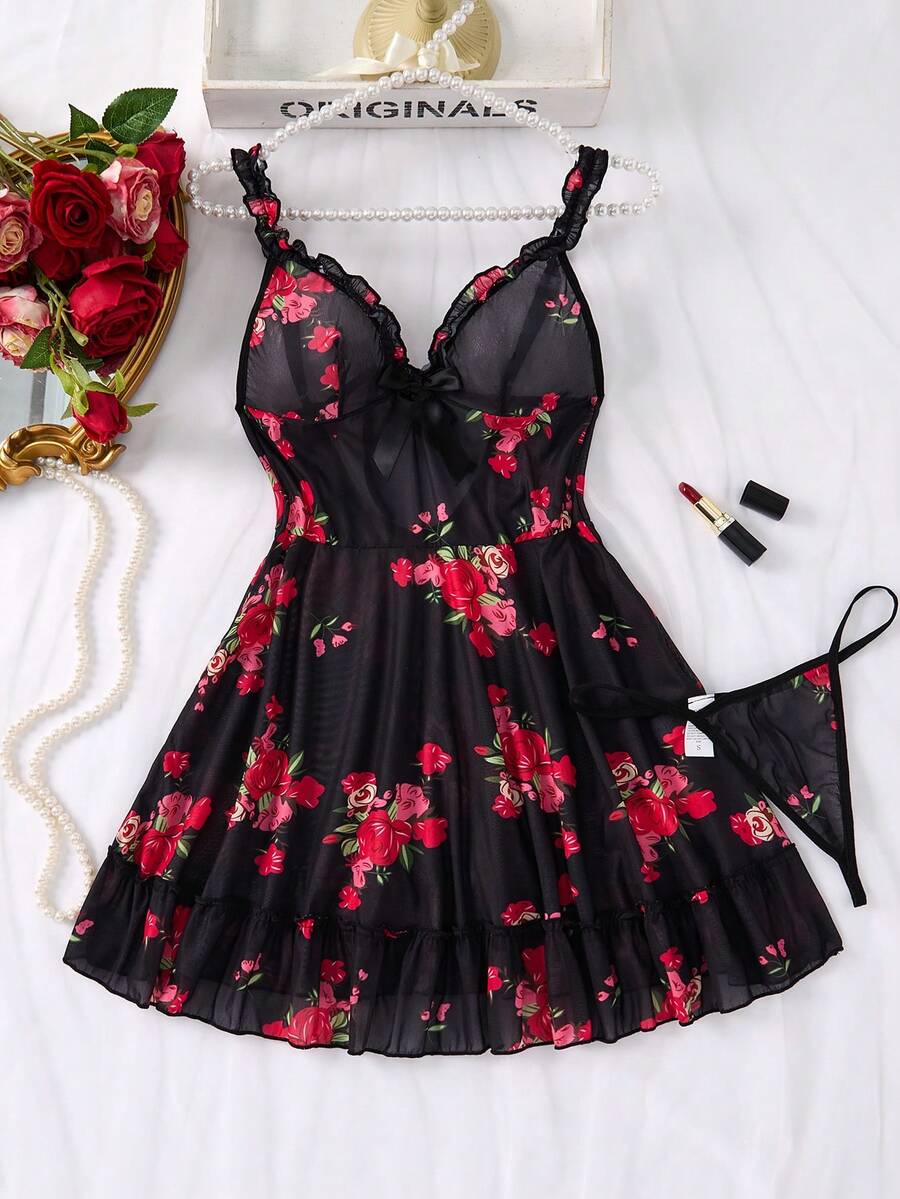 SHEIN Lingerie Floral Ruffle Two Piece Sleepwear Lingerie Set Women