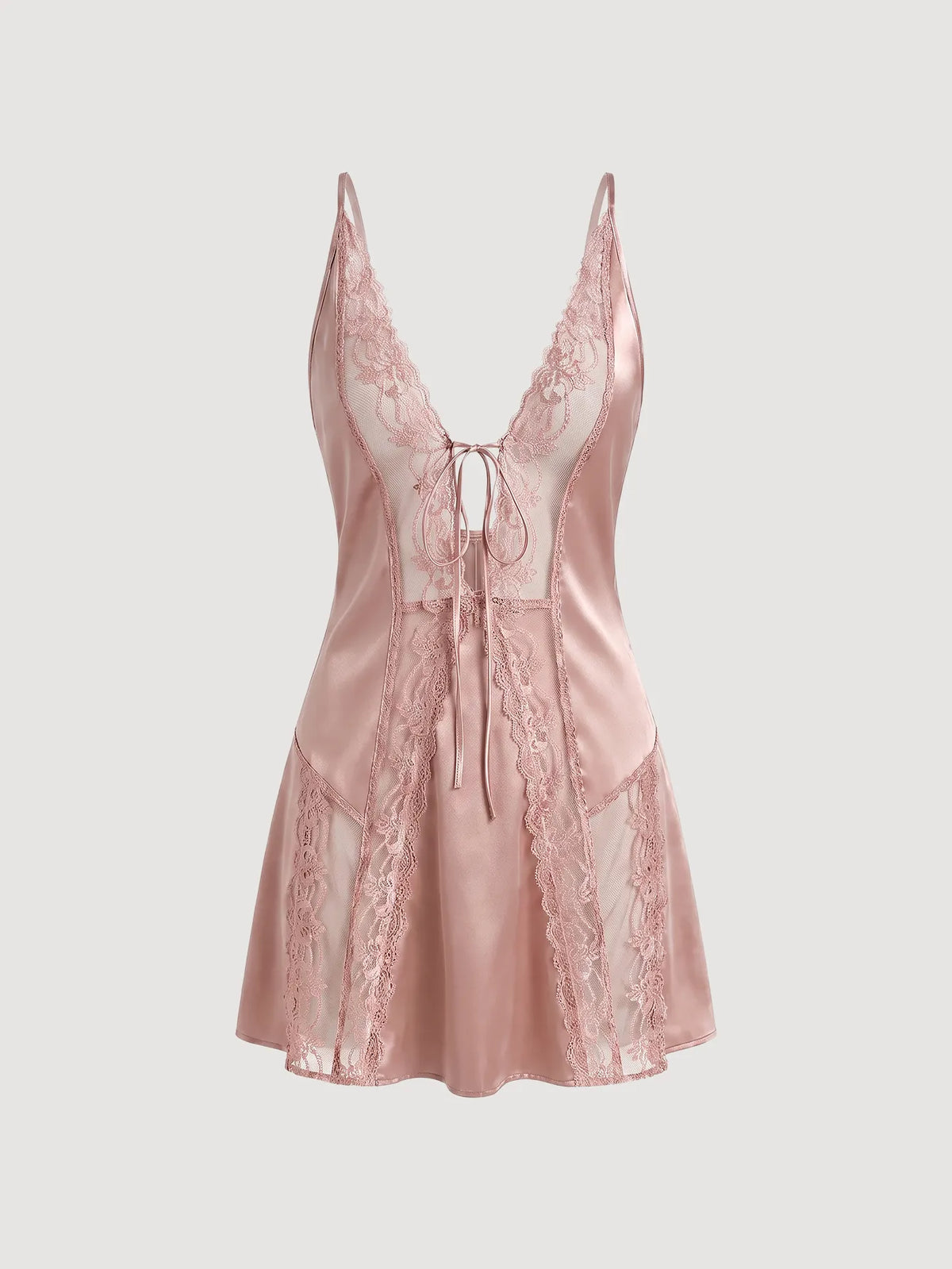 SHEIN Lingerie SilkySpell Lace Patchwork Sheer Deep V Faux Silk Nightgown