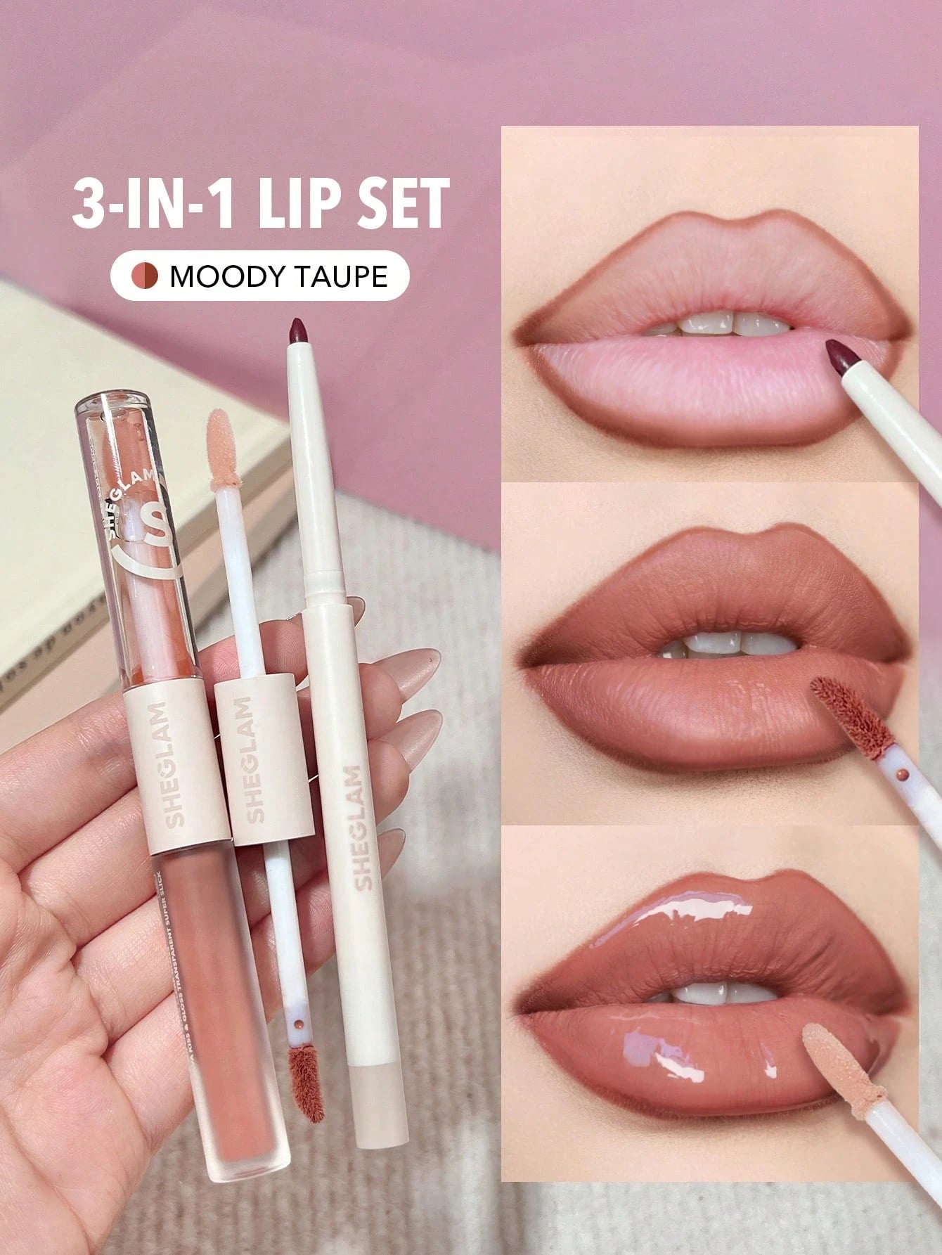 SHEGLAM Soft 90's Moody Taupe Glam Lip Liner and Duo Set 3-In-1 Moisturizing Plumping Lip Gloss with Long Lasting Liquid Lipstick