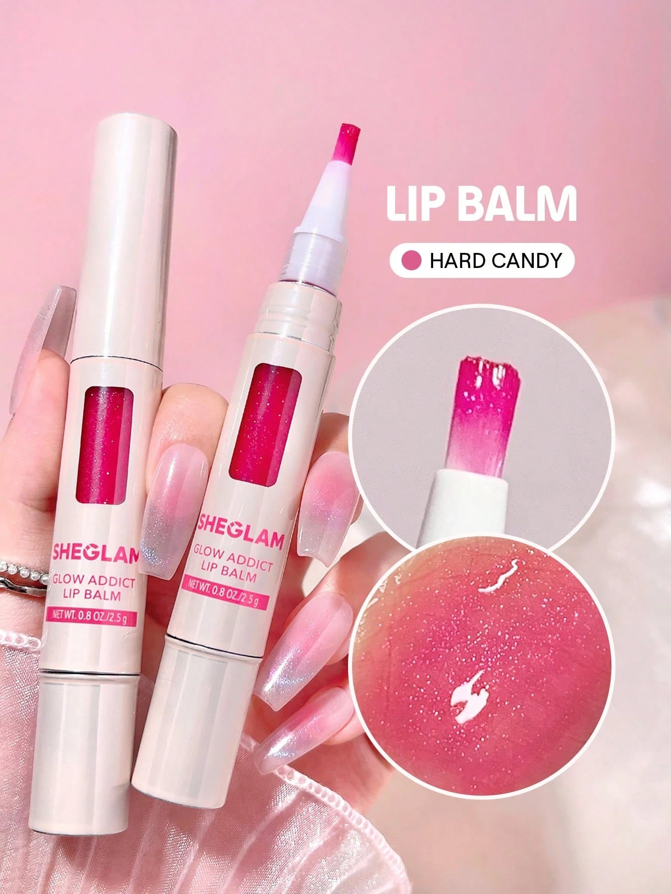 SHEGLAM Glow Addict Lip Balm Hard Candy Moisturizing High Shine Pink Lip Gloss with Brush for Smooth Lips