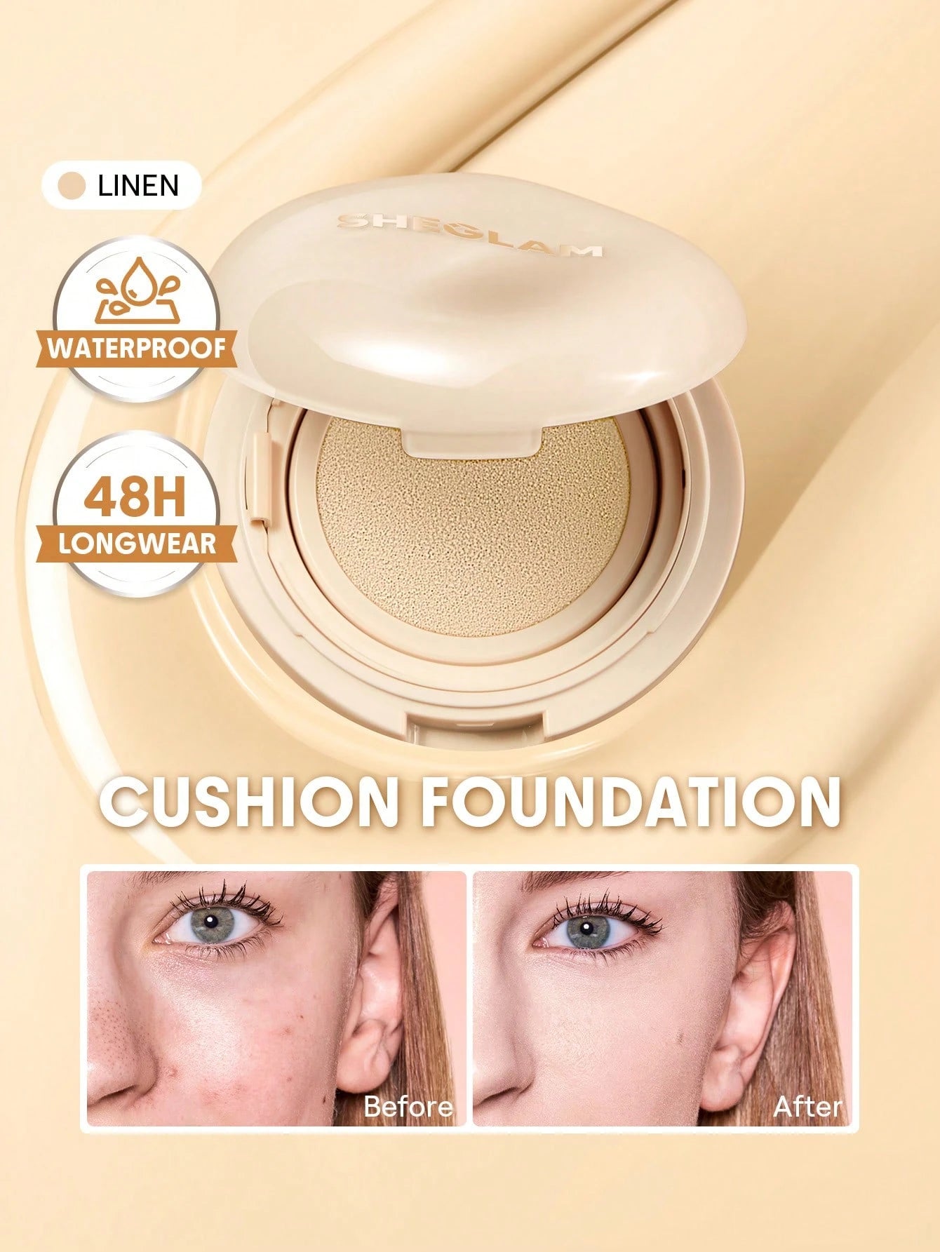 SHEGLAM Lock & Go Long?Lasting Cushion Foundation Linen Lightweight Full Coverage Hydrating Makeup for Flawless Skin