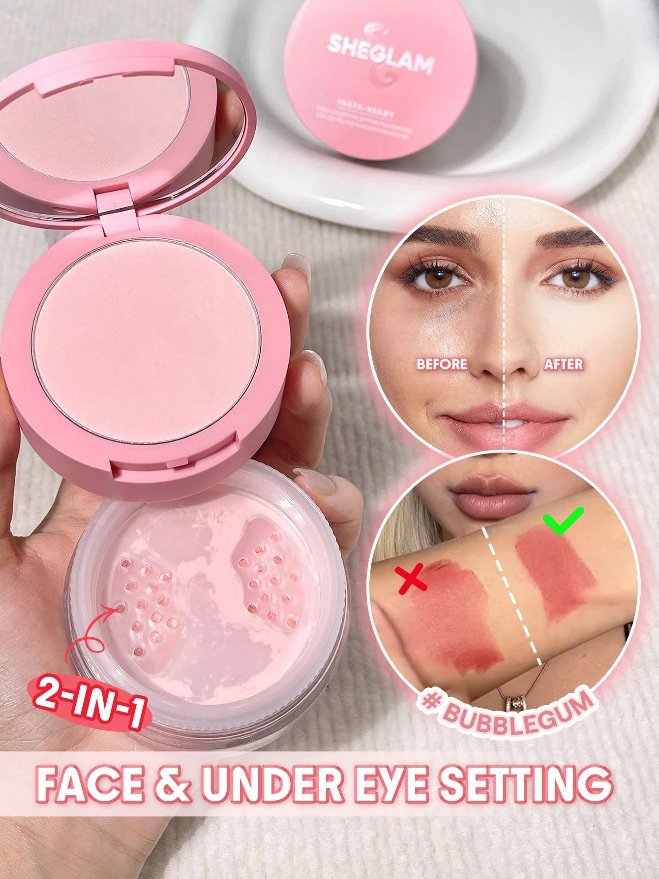 SHEGLAM Insta-Ready Face and Under Eye Setting Powder Duo Bubblegum 2-In-1 Pink Brightening Matte Oil Control Loose Pressed Powder