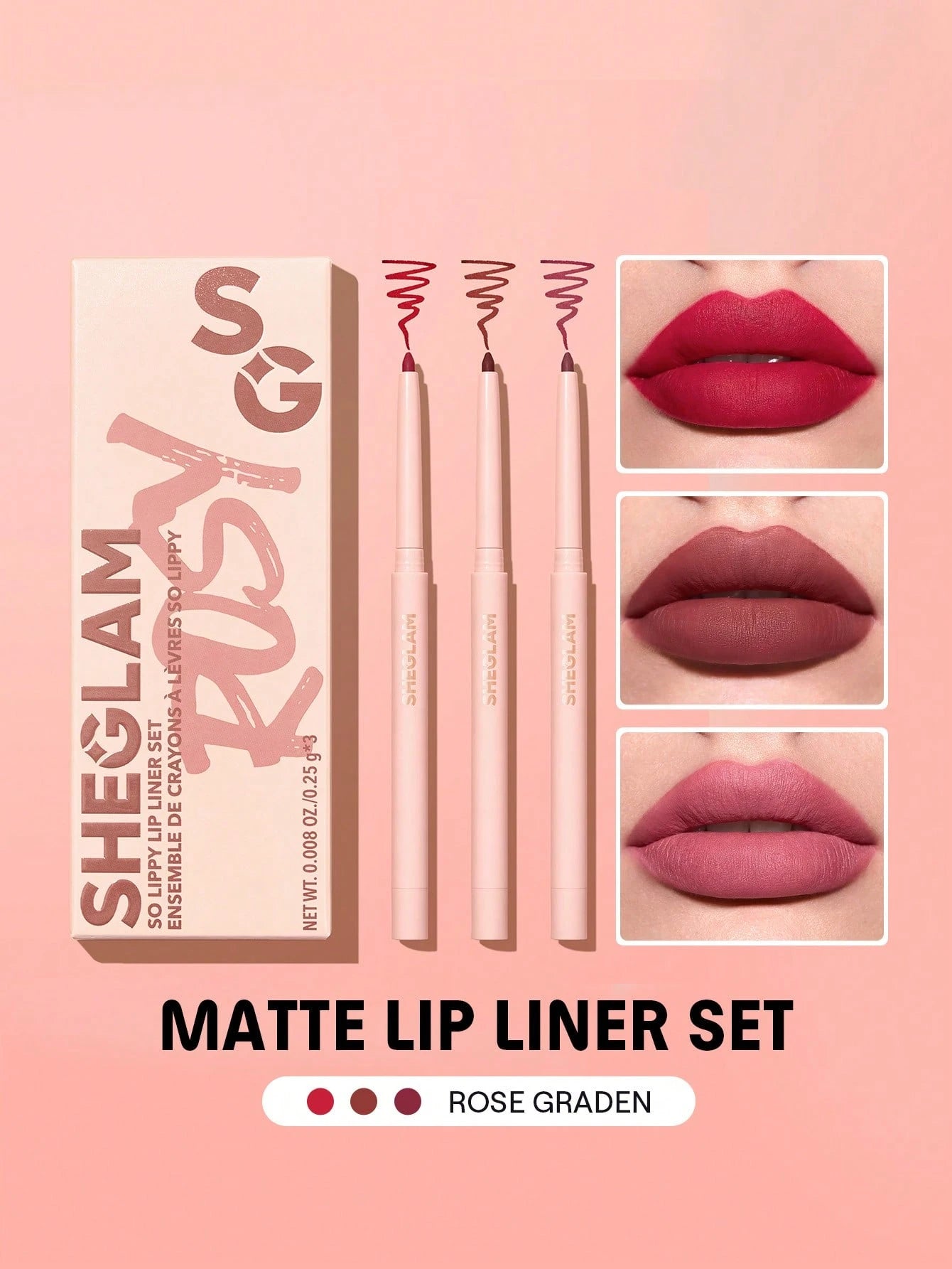 SHEGLAM So Lippy Lip Liner Set Rose Garden 3 Piece Soft Matte High Pigment Red Pencils for Silky Smooth Contour and Lip Tint