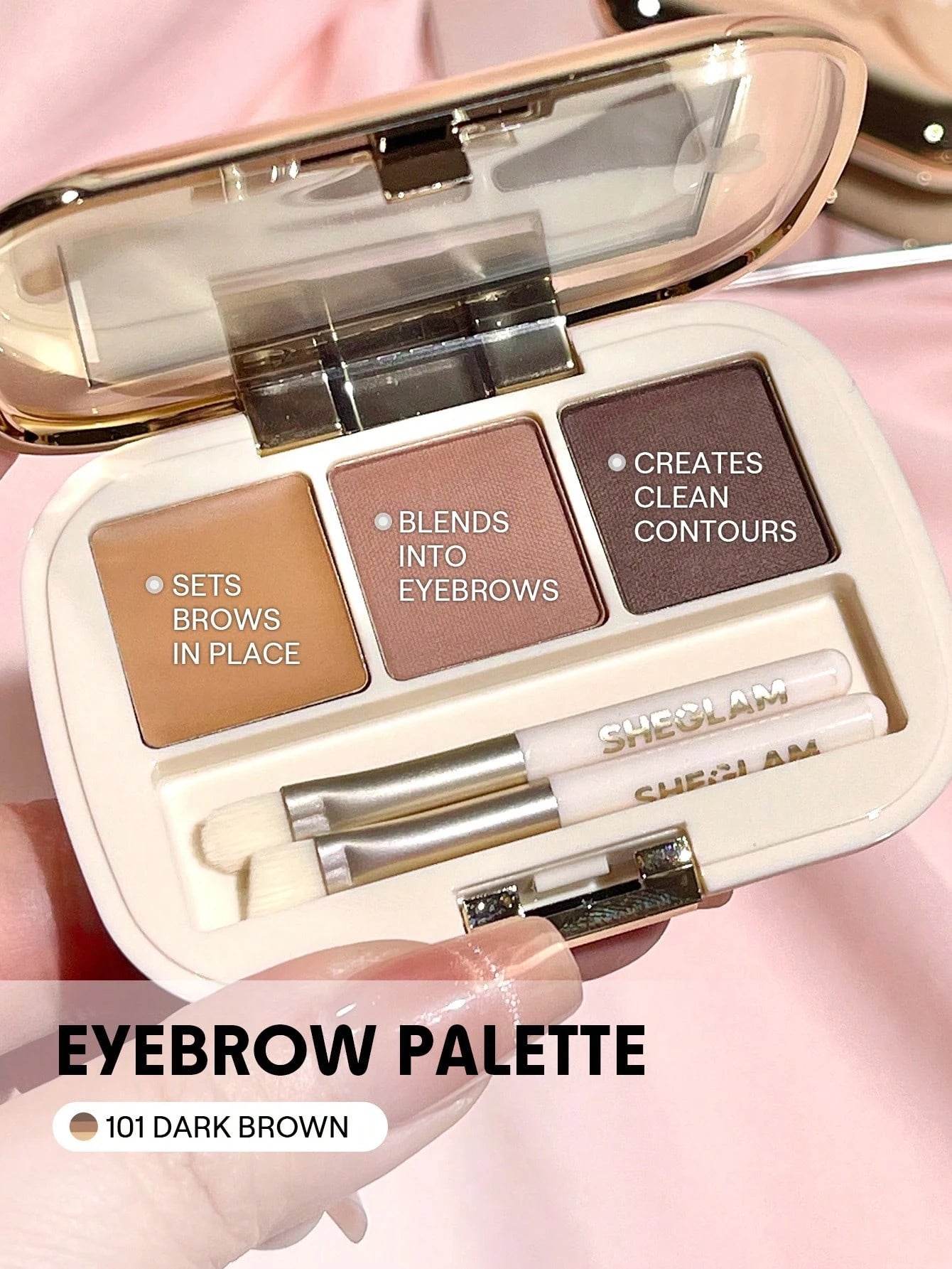 SHEGLAM Full-Filled Eyebrow Palette 101 Dark Brown 3-Color Matte Powder and Wax for Filling Defining Shaping with Small Brush