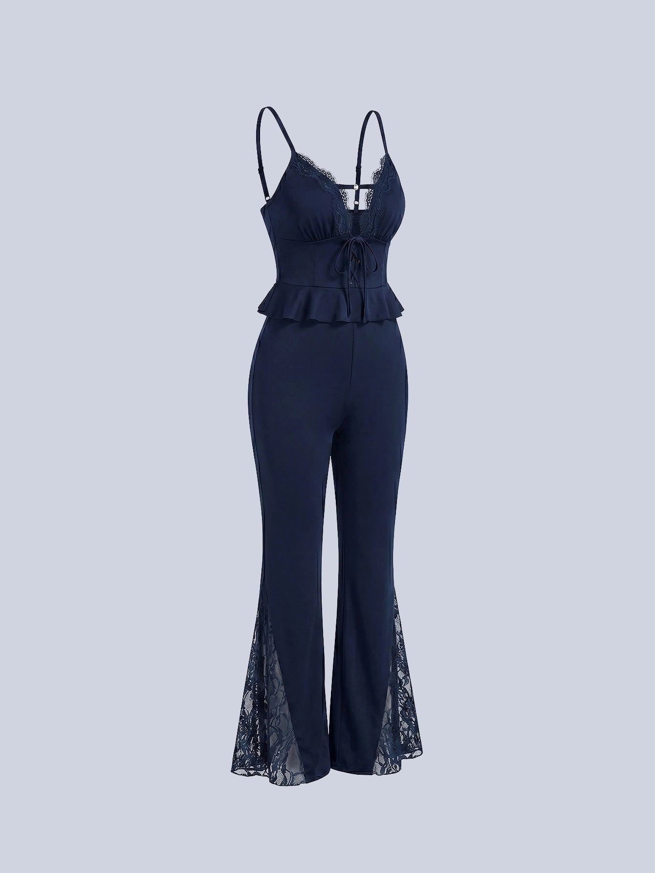 SHEIN Women's Pijama Snug Zone Lace Contrast Backless Spaghetti Strap Flared Pants Sexy Sleepwear Pajama Set
